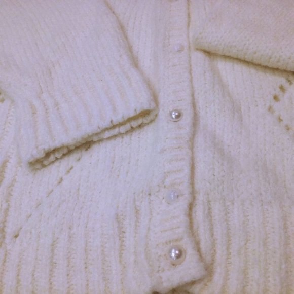 Vintage 80s Jason Maxwell Knit Cardigan -XL Lacey Zig-Zag Buttons-up Cream Vneck - Picture 5 of 7